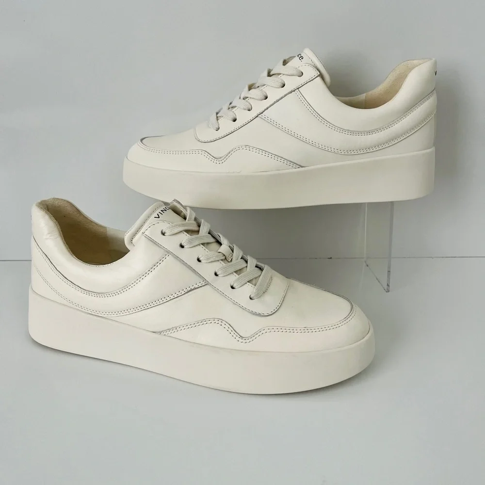 VINCE Warren Court Leather Platform Lace Up Sneakers in Milk NEW